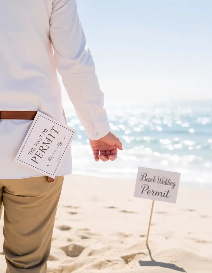 A couple holding hands, walking toward a pristine beach with a permit visibly tucked under the groom’s arm. The ocean sparkles in the background, and a small “Beach Wedding Permit” sign is staked into the sand nearby.