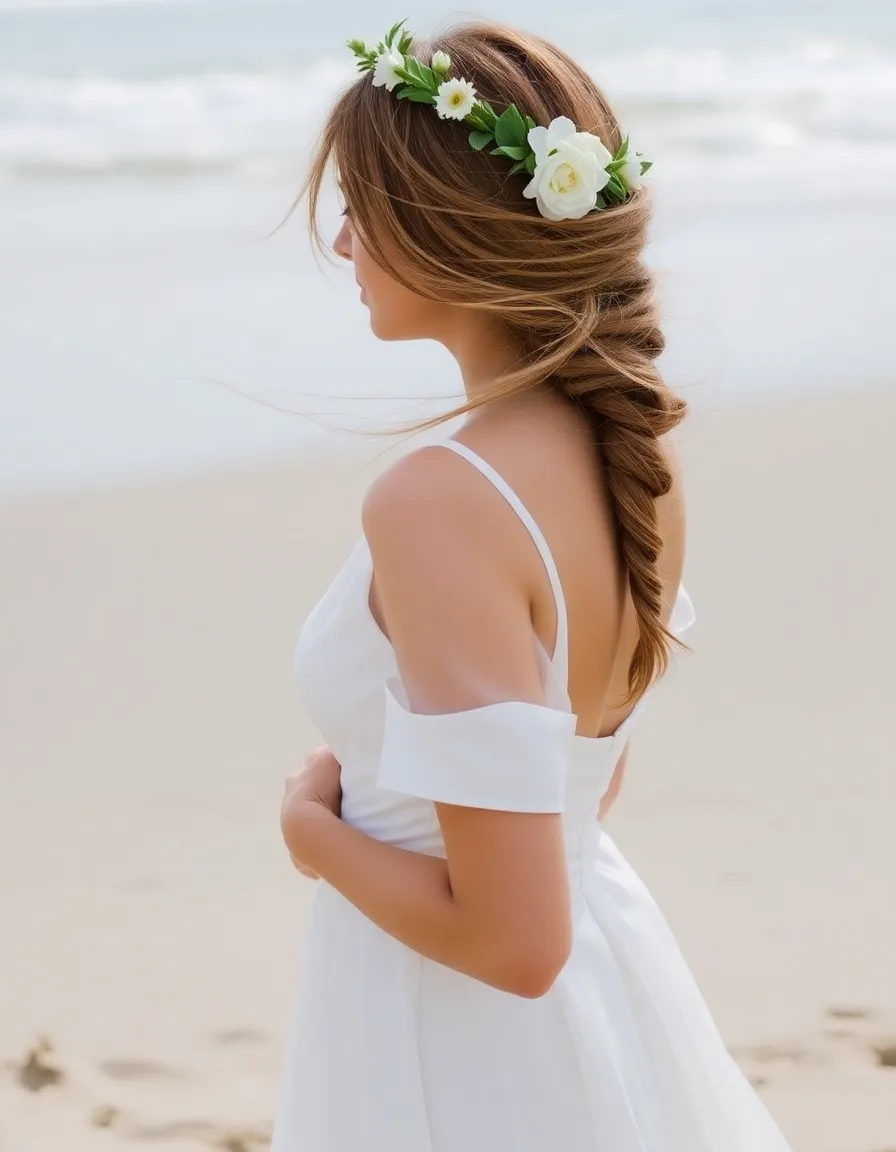 A bride with a loose, textured side braid, standing on a sandy beach with wind gently pulling a few strands free. She wears a flower crown, and the ocean glitters in the background.