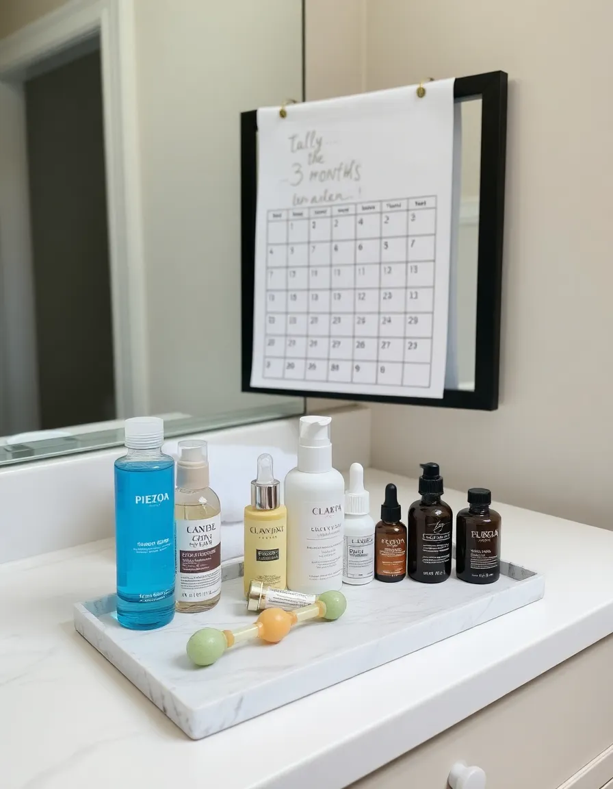 A serene, well-lit bathroom vanity with a curated selection of skincare products—think toners, serums, and a jade roller—arranged neatly on a marble tray. A handwritten calendar hangs in the background, with "3 Months to Go!" circled in gold ink.