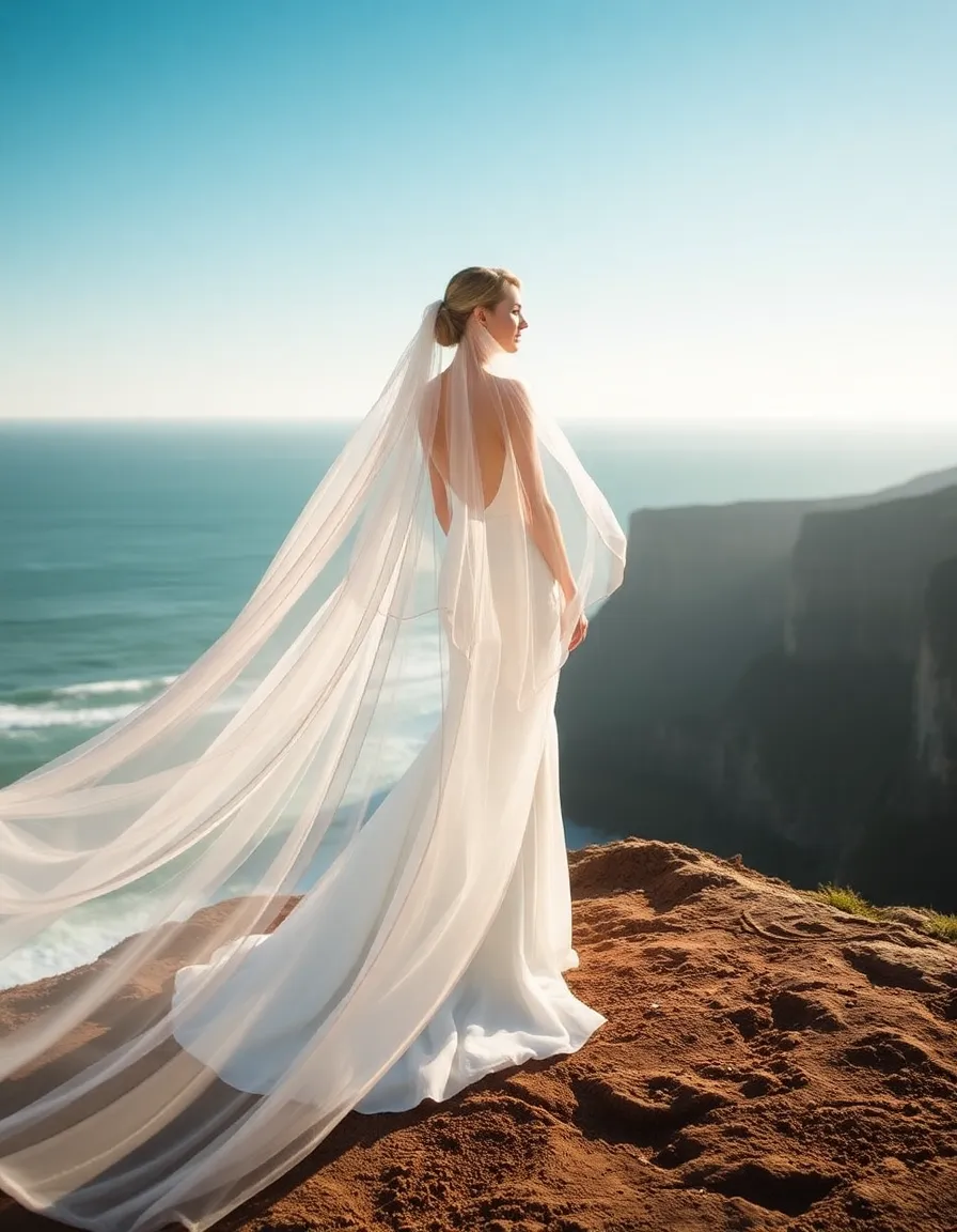 A bride in a cape gown standing on a cliff overlooking the ocean, the cape billowing dramatically behind her. The sheer fabric glows in the sunlight, creating an almost ethereal effect.