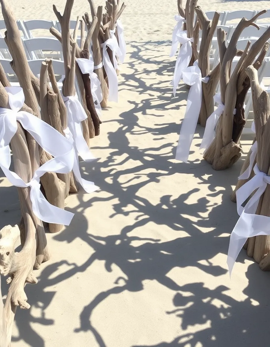 A sandy beach aisle lined with natural driftwood pieces of varying sizes, some wrapped in flowing white chiffon ribbons fluttering in the ocean breeze. The sunlight casts long shadows, creating a dreamy, organic pathway.