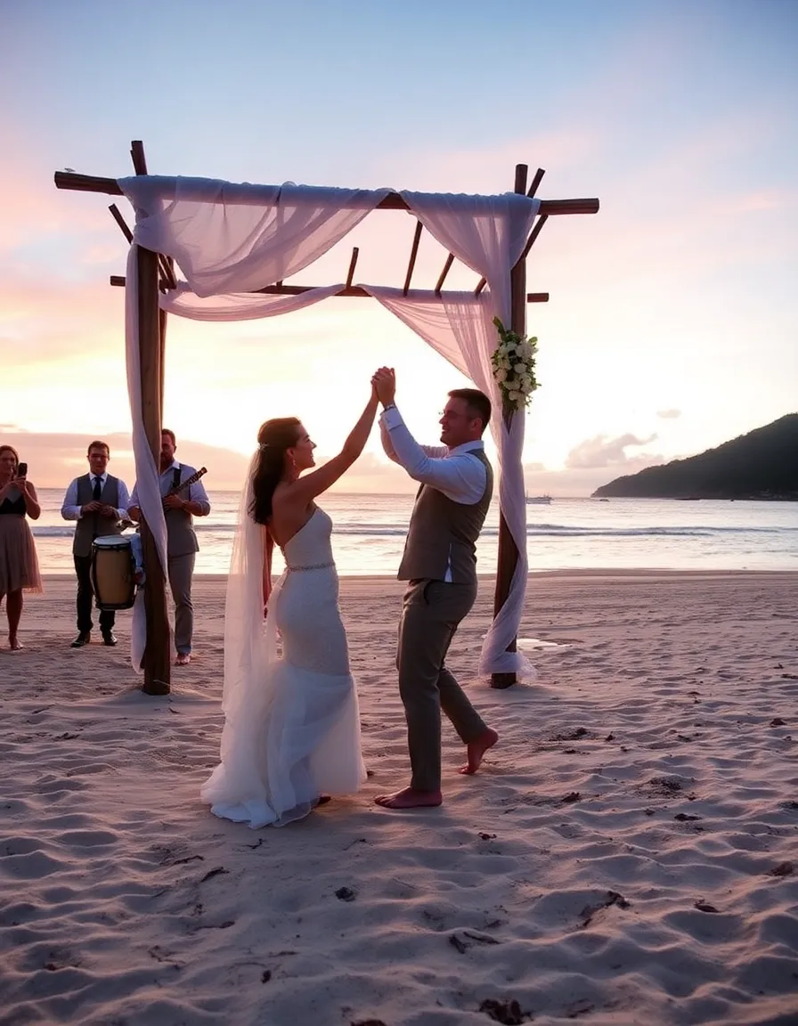 A sunset beach wedding at Rosewood Little Dix Bay, with a wooden arch wrapped in flowing white fabric. The couple dances barefoot in the sand as a steel drum band plays, and the sky turns shades of pink and gold.