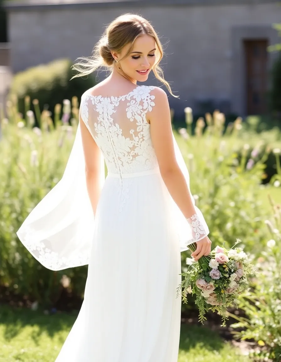 A bride in a delicate ivory A-line lace gown standing in a sunlit garden, the sheer sleeves and skirt catching the breeze. The dress features floral lace appliqués with subtle gaps for breathability, and she holds a loose bouquet of wildflowers.