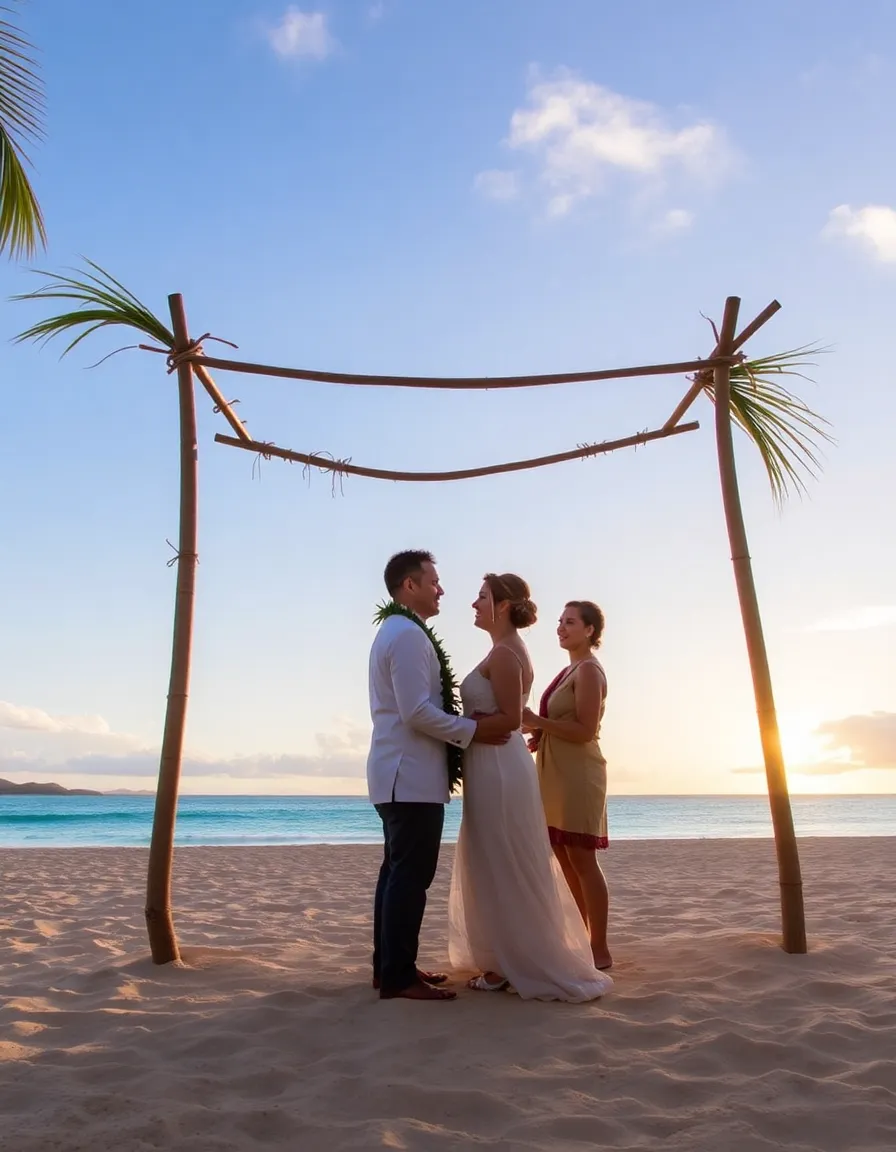 A traditional Fijian beach wedding at Kokomo Private Island, with the couple standing under a palm-frond arch. The ocean is a brilliant blue, and the staff stands nearby, singing a harmonious Fijian melody as the sun begins to set.