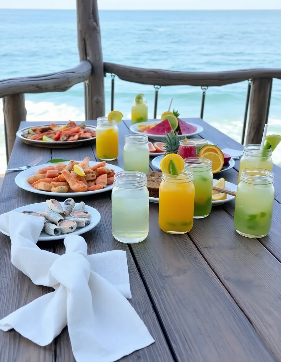 A rustic wooden table set with fresh seafood, colorful fruit platters, and tropical drinks in mason jars. The ocean is visible in the background, and a light breeze ruffles the linen napkins.