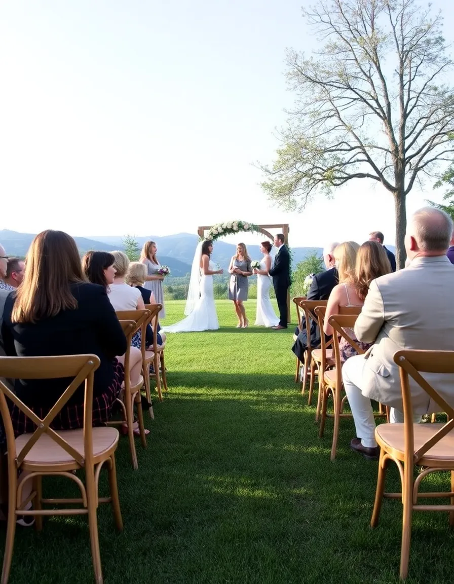 A charming outdoor ceremony setup on a gentle slope, with wooden chairs securely anchored into the grass. A few guests are laughing as they steady themselves, and the couple exchanges vows under a floral arch.