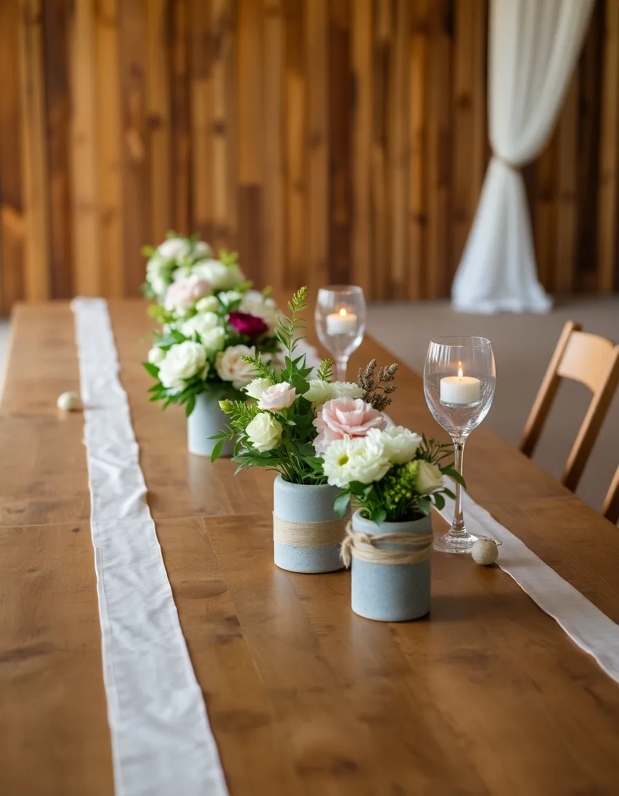 A long wooden reception table with sturdy, low-center floral arrangements in concrete vases. The table runner is lightly fluttering in the wind, but the setup remains intact. Soft candlelight glows from hurricane glasses.
