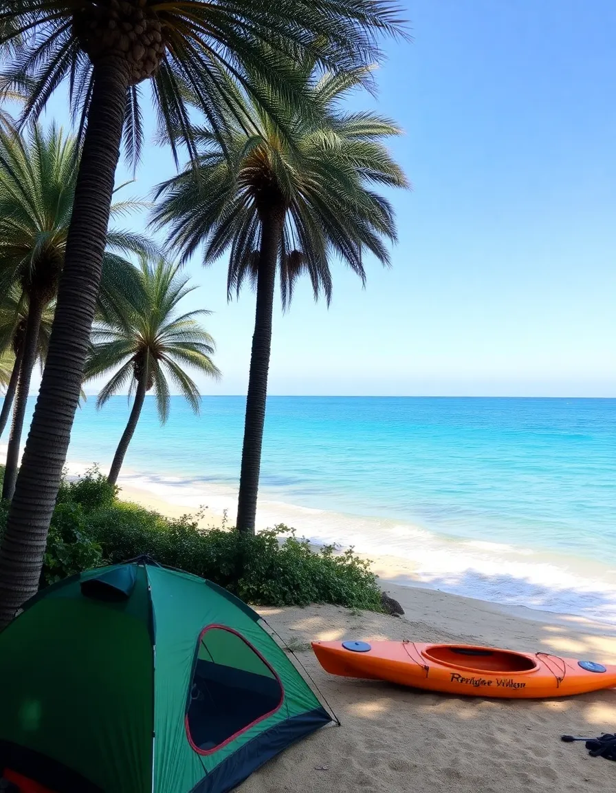 A lush view of Refugio State Beach, with towering palm trees framing the turquoise water. A tent is pitched near the shore, and a kayak rests on the sand nearby.