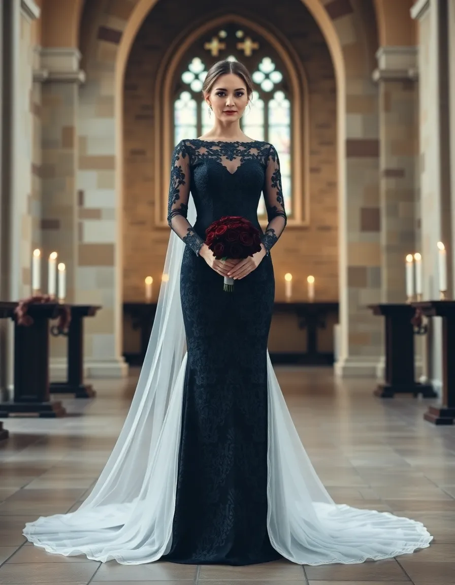 A bride in a floor-length black lace gown with long, sheer sleeves and a fitted corset bodice. The dress has a cathedral train, and she’s standing in a candlelit stone chapel, holding a bouquet of dark red roses.