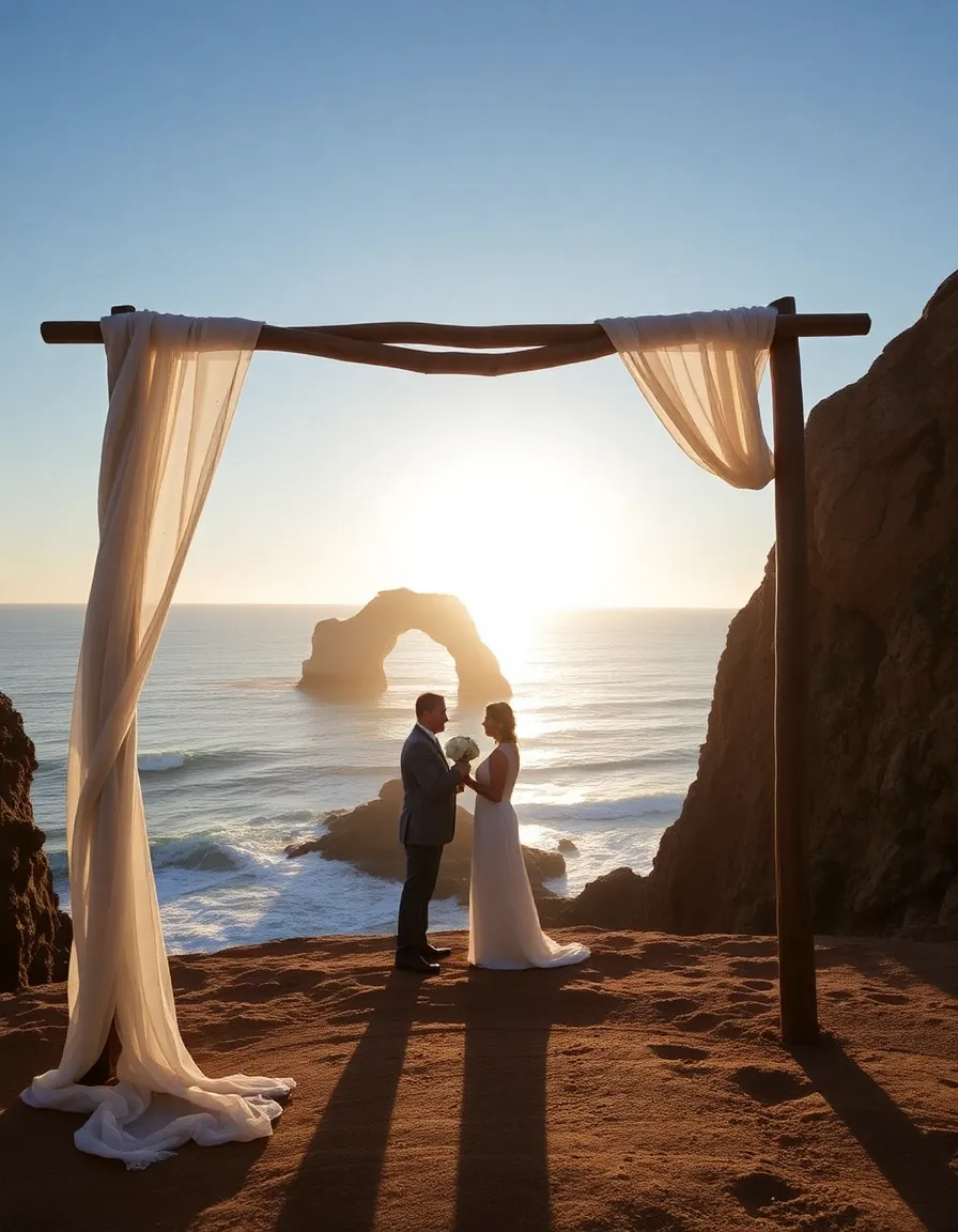 A clifftop ceremony at Esperanza, with a couple standing under a wooden arch draped in flowing white fabric. The Pacific Ocean crashes against the rocks below, and the iconic El Arco formation is visible in the distance under a golden sunset.