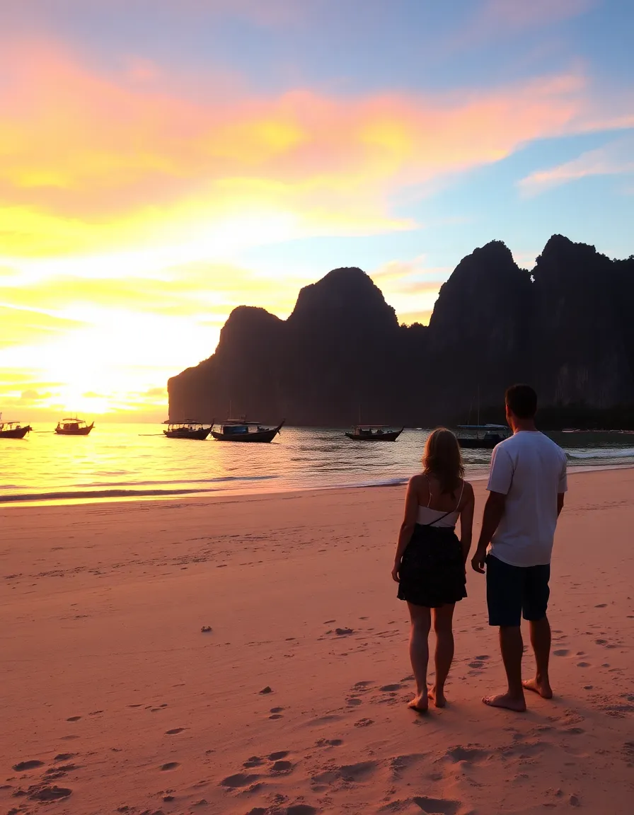 A couple silhouetted against a fiery Thai sunset on Railay Beach, with towering limestone karsts in the background. The sand is near-empty, save for a few longtail boats anchored offshore.