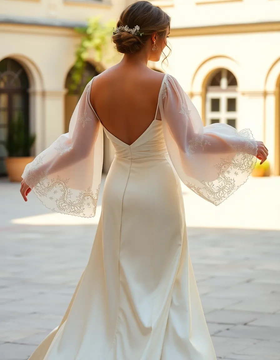 A bride in a silk gown with exaggerated puff sleeves, twirling in a sunlit courtyard. The sleeves are sheer with delicate embroidery, and the skirt flares out as she moves.