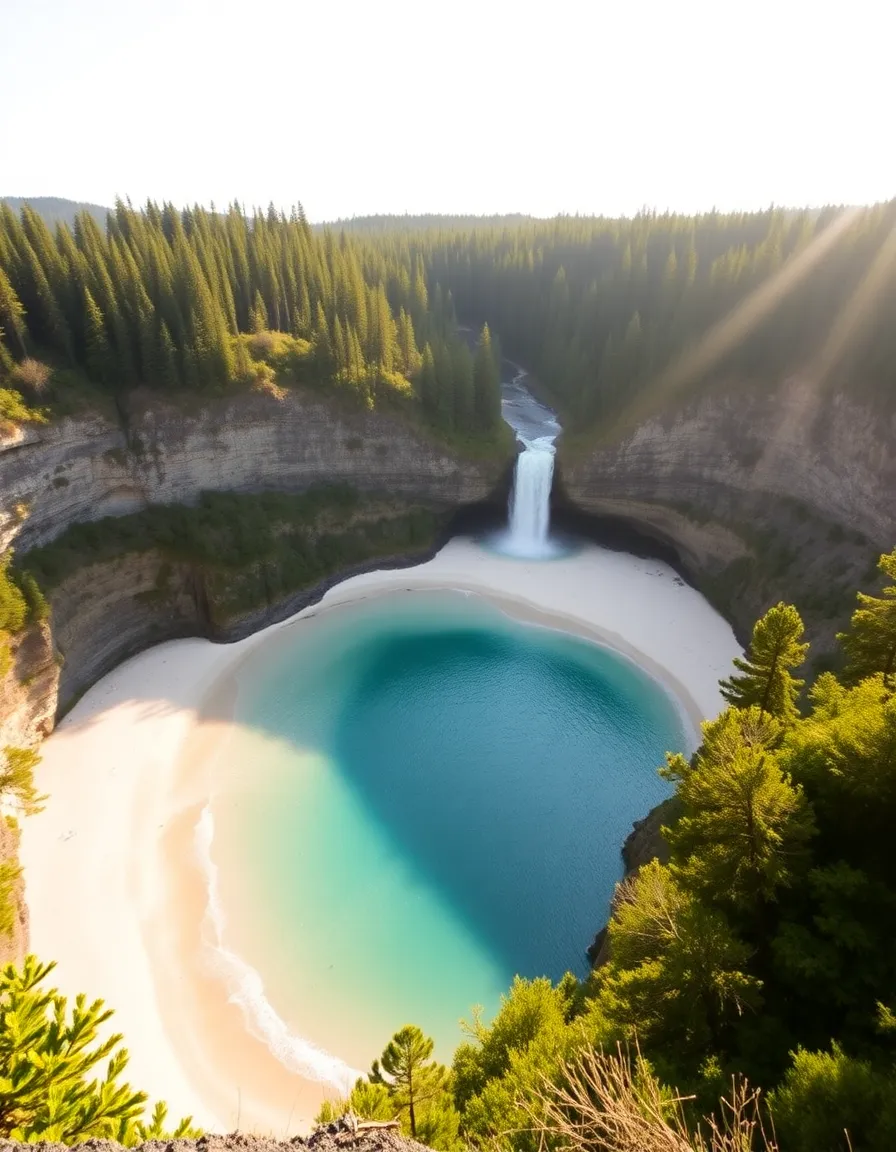 A breathtaking view of McWay Falls from the overlook, with the waterfall spilling onto a crescent of white sand. The turquoise cove contrasts with the lush green cliffs, and golden sunlight filters through the trees.