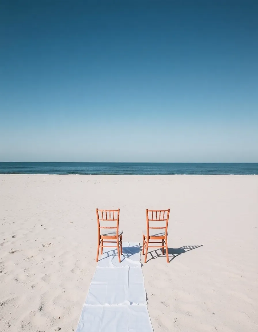 A minimalist wedding setup on Plage de l’Almanarre—just a white linen runner and two chairs facing the water. The endless stretch of empty sand meets the horizon.