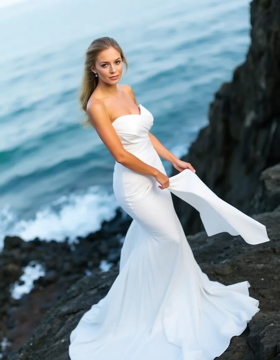 A bride in a one-shoulder gown posing on a rocky outcrop, the ocean waves crashing below. The single strap highlights her collarbone, and the flowing skirt adds movement to the shot.