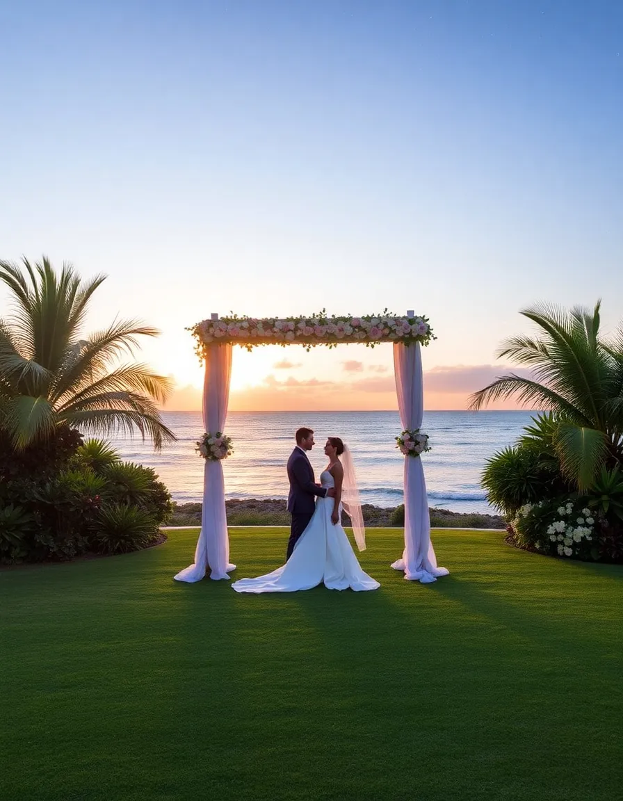 A sunset wedding on the lawn at Jumby Bay Island, with the couple standing under a floral arch overlooking the ocean. The gardens are lush with tropical blooms, and the first stars twinkle in the twilight sky.