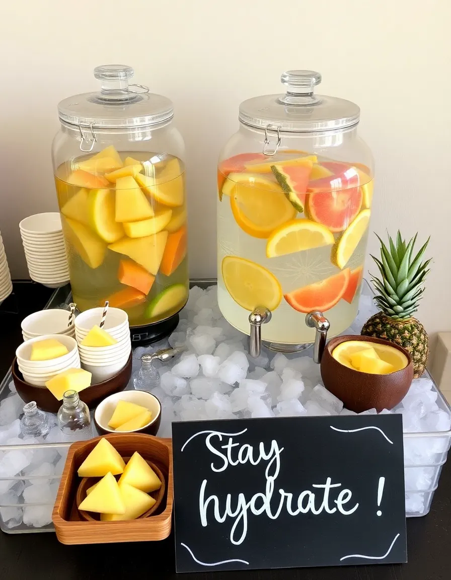 A stylish beverage station with glass dispensers of citrus-infused water, coconut cups, and a tray of pineapple garnishes. The drinks are nestled in a bed of ice, and a chalkboard sign reads “Stay Hydrated!” in playful script.