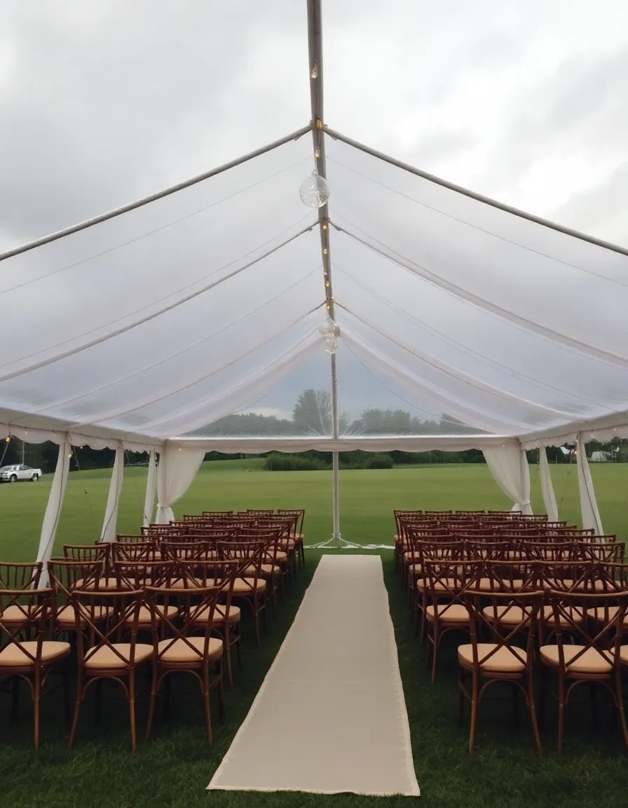 A stylish outdoor wedding tent with transparent side panels, set up on a grassy field under moody skies. Inside, elegant wooden chairs are arranged in rows, with soft string lights dangling above. A few rain droplets are visible on the tent fabric, but the guests are dry and smiling.