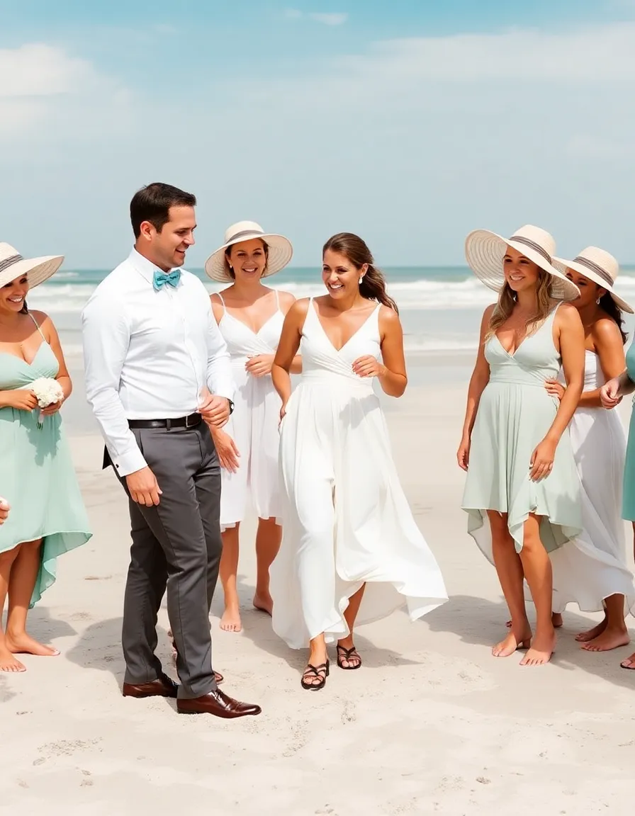 A group of well-dressed wedding guests standing on the beach, laughing as one man struggles to walk in formal dress shoes that keep sinking into the sand. The women wear flowy sundresses and wide-brimmed hats, perfectly suited for the setting.