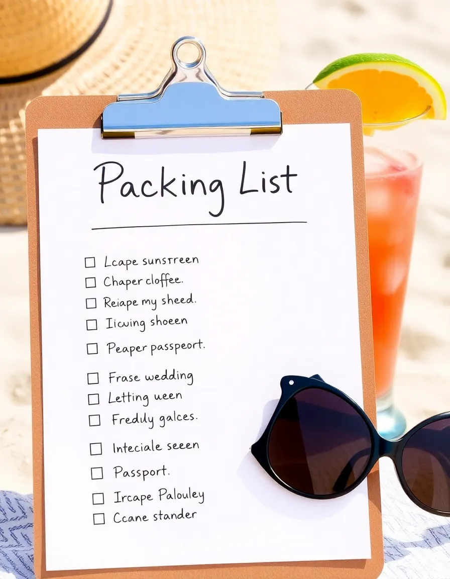 A stylish, handwritten packing list on a clipboard with a tropical drink and sunglasses resting beside it. The list includes items like "sunscreen," "wedding shoes," and "passport," with some items already checked off. The background is a breezy, sunlit beach setting.