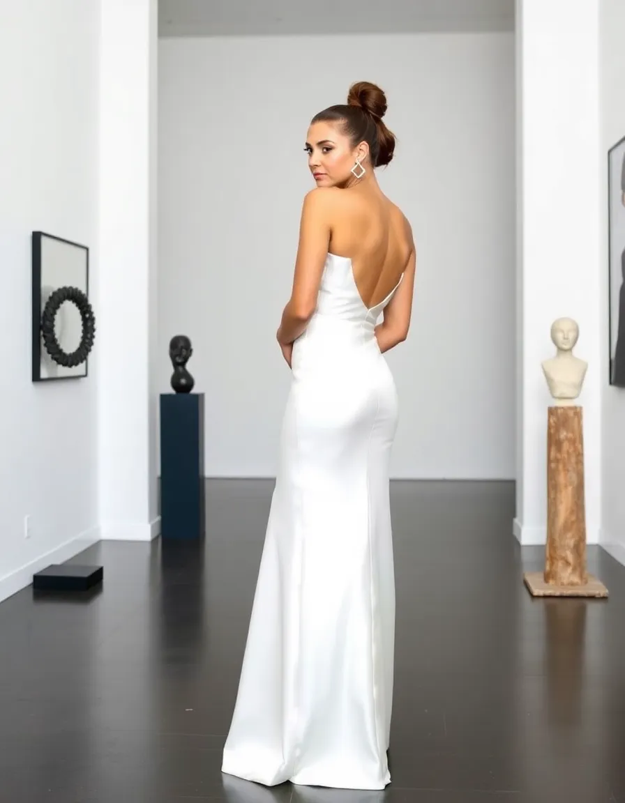 A bride in a column-style ivory satin gown standing in a contemporary art gallery, the dress’s clean lines mirroring the minimalist sculptures around her. Her hair is in a high ponytail, and she wears bold geometric earrings. The walls are white, letting the dress stand out.