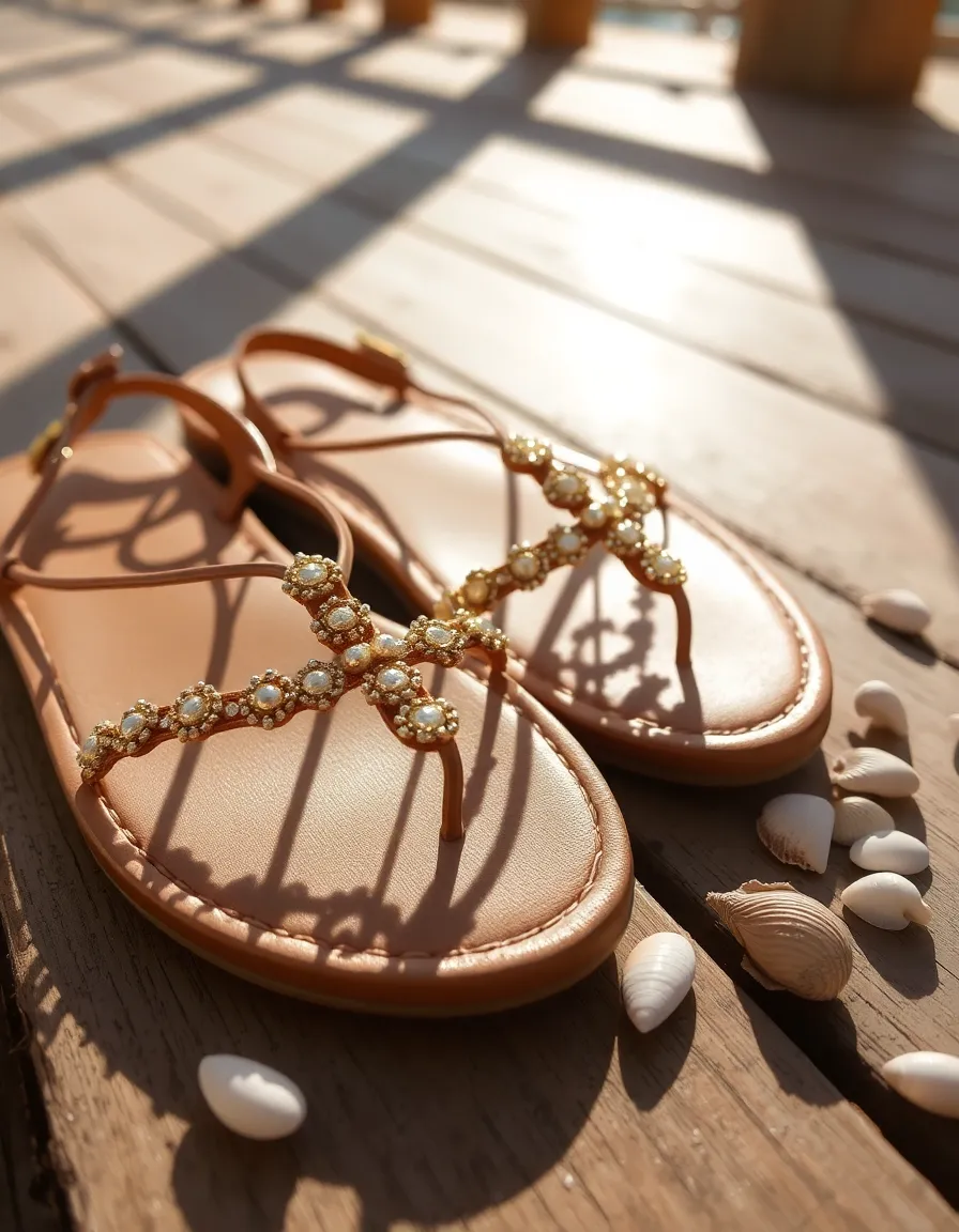 A close-up of embellished flat sandals with gold beadwork and thin straps, resting on a sunlit wooden deck with scattered seashells nearby. The sunlight catches the metallic details, creating a soft glow.