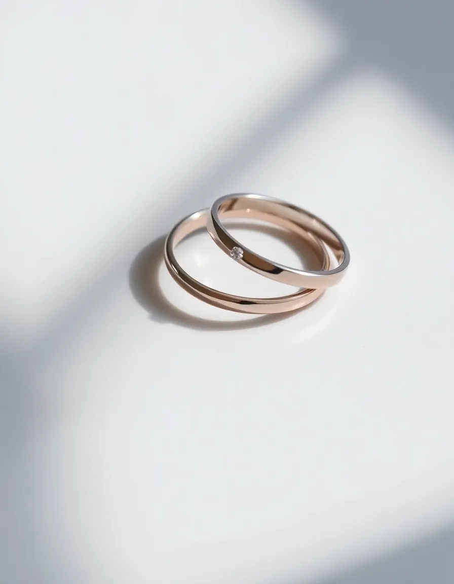 A minimalist engagement ring and wedding band set, featuring a slim, polished metal band with a small, single diamond. The rings sit on a smooth, light-gray surface with natural daylight casting soft shadows.