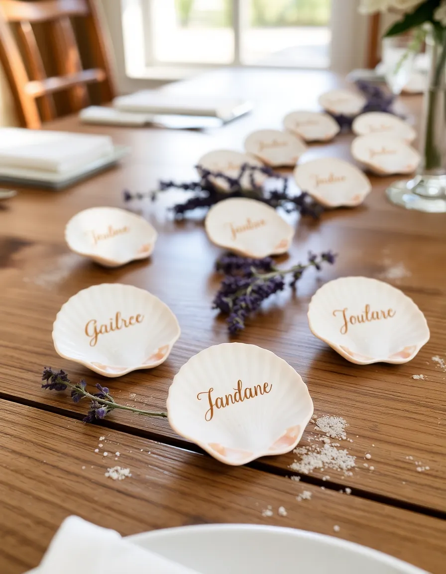 A close-up of a wooden table setting with delicate scallop shells serving as place cards. Each shell has a guest’s name written in elegant gold cursive. A few sprigs of dried lavender and a scattering of sand add texture to the scene. Soft natural light filters through a nearby window, casting gentle shadows.
