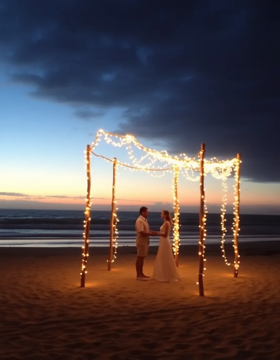 A beach wedding ceremony at dusk, with a canopy of warm white fairy lights strung between wooden poles, gently swaying in the ocean breeze. The lights reflect off the sand, creating a dreamy, golden glow as the couple exchanges vows beneath them.