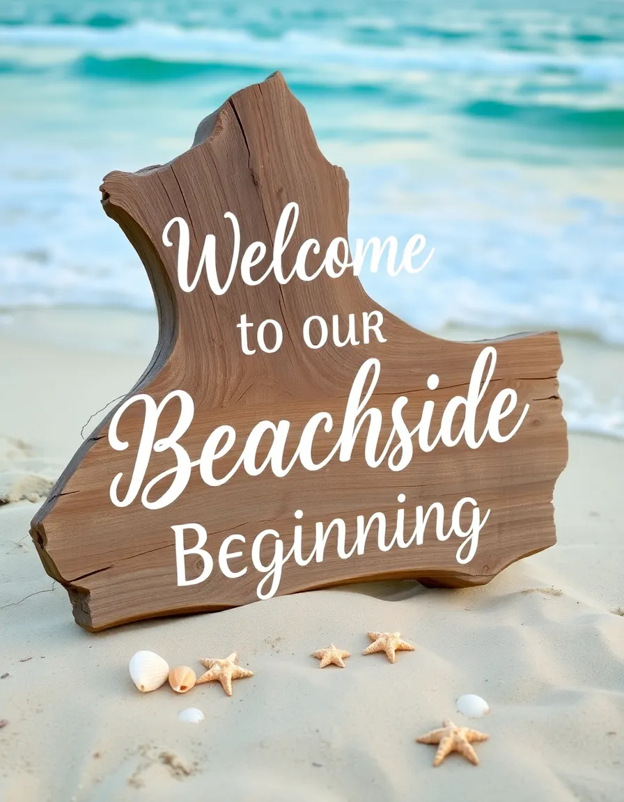 A weathered driftwood welcome sign with elegant white script reading "Welcome to Our Beachside Beginning," leaning against a backdrop of soft sand and turquoise waves. Seashells and small starfish are scattered around the base, with a faint sunset glow in the distance.