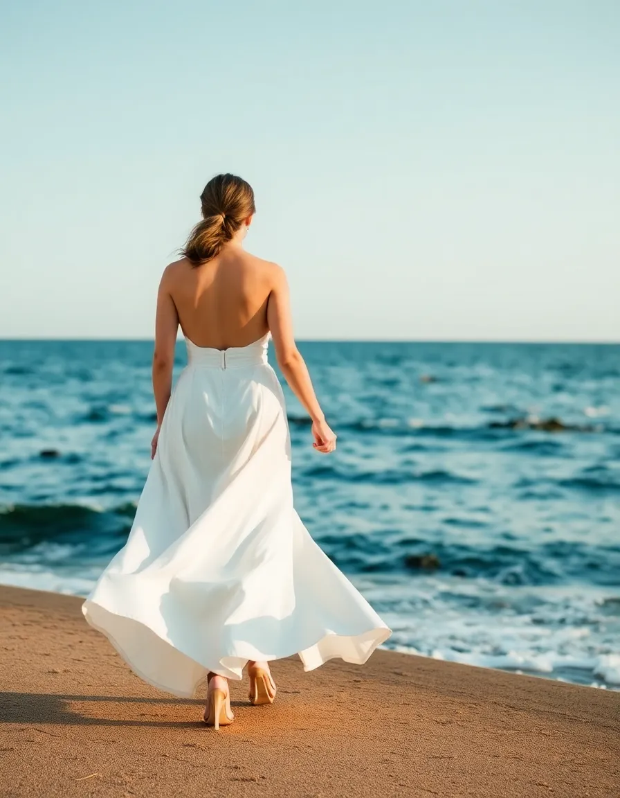 A bride in a belted wedding dress walking hand-in-hand with her partner along the shoreline. The belt cinches her waist perfectly, and the ocean breeze lifts the skirt slightly, adding movement to the shot.
