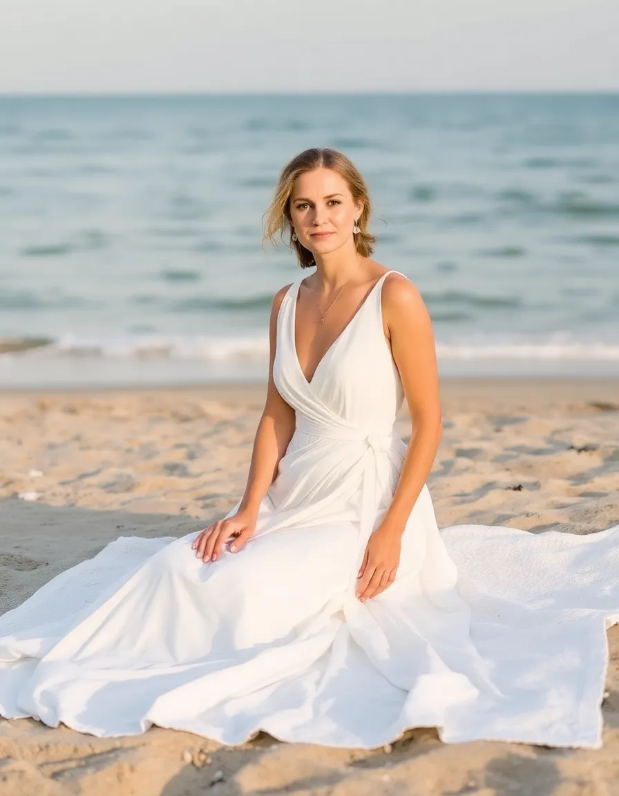 A bride in a wrap-style wedding dress sitting on a blanket in the sand, the skirt draped elegantly around her. The ocean stretches behind her, and the wrap detail adds a touch of effortless chic.