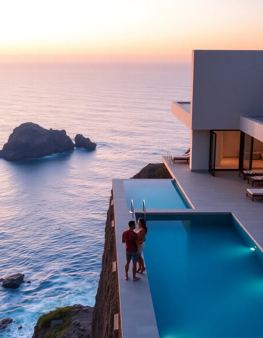 A sleek, modern villa perched on a cliff edge, with an infinity pool blending into the horizon. The Atlantic Ocean stretches endlessly below, waves crashing against rugged rocks. A couple stands near the pool, champagne glasses in hand, as the sunset paints the sky in shades of pink and gold.