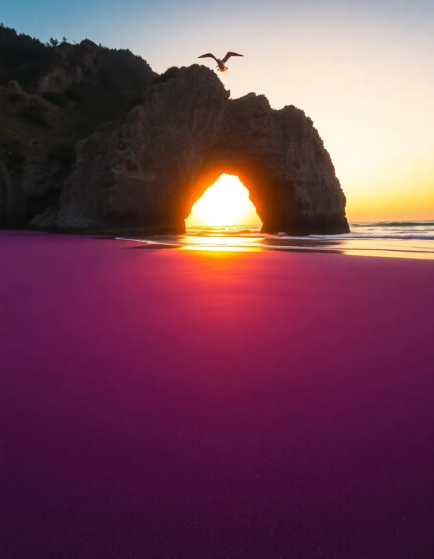 A wide-angle shot of Pfeiffer Beach at golden hour, with purple-tinted sand contrasting against turquoise waves. The Keyhole Arch frames the sunset, casting a warm glow over the entire scene. A lone seagull flies overhead for scale.