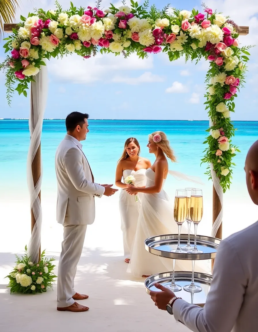 A couple exchanging vows on a pristine white-sand beach at Secrets Maroma, with turquoise water in the background and a floral arch framing the scene. The groom wears a light linen suit, and the bride’s dress flows in the ocean breeze. A waiter stands nearby with champagne flutes on a silver tray.
