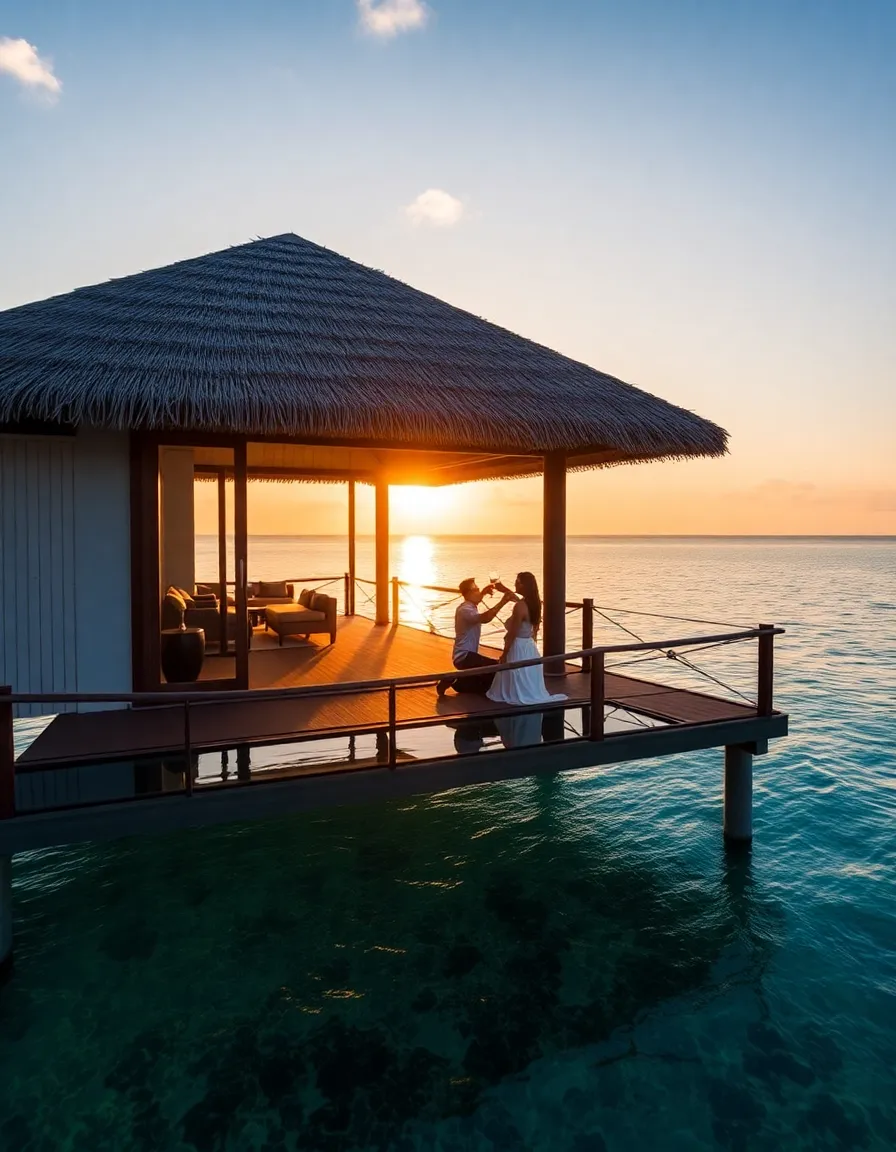 A secluded overwater villa at The Brando, with a thatched roof and glass floor revealing the vibrant coral below. The sun sets in the background, casting golden light over the lagoon, while a couple toasts with champagne on their private deck.