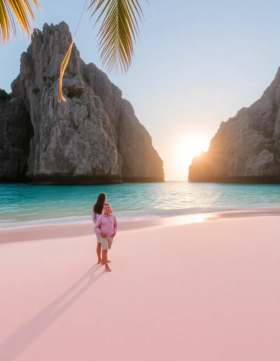 A couple standing barefoot on the pink-tinged sand of Anse Source d’Argent, framed by towering granite boulders and turquoise water. The sun is low, casting a golden glow over the scene, with a few stray palm leaves swaying in the breeze.