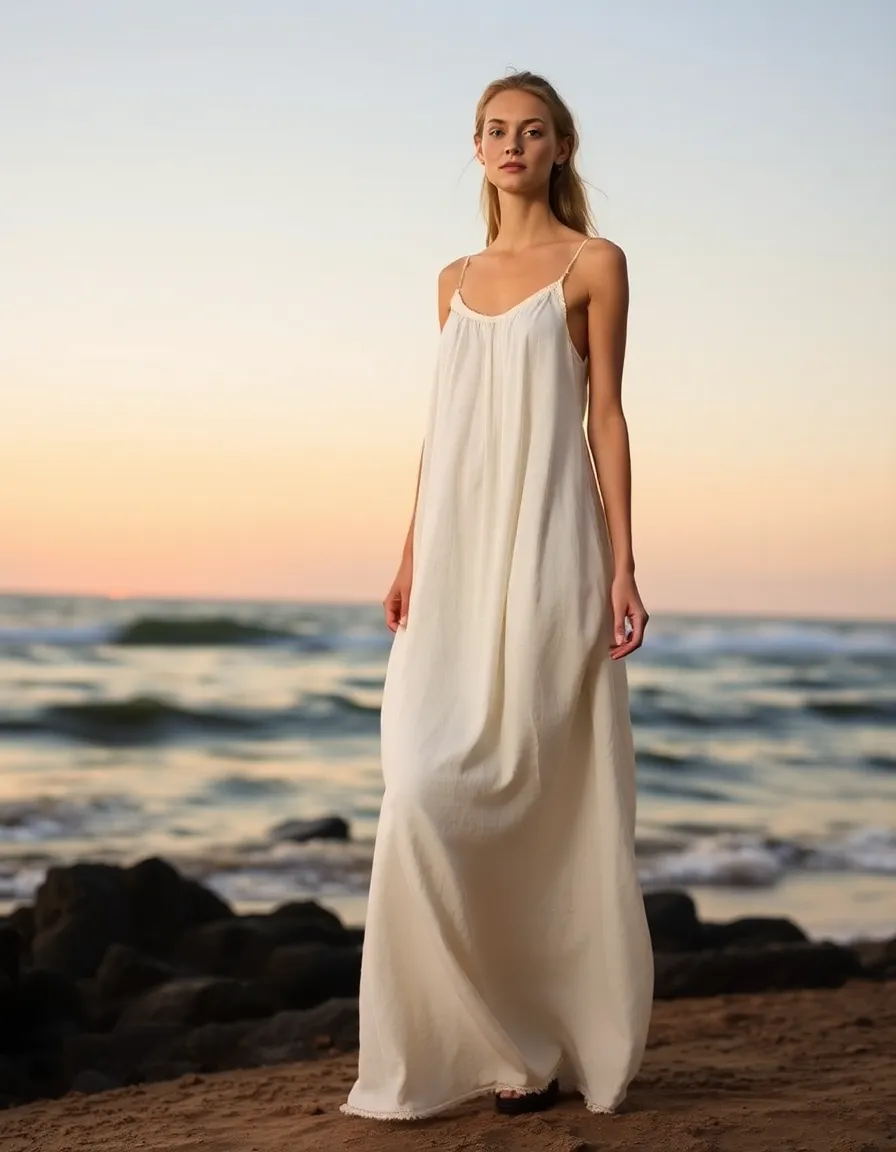 A model standing near the shoreline in a loose, floor-length linen gown with delicate spaghetti straps. The dress billows slightly in the wind, revealing subtle texture and movement. The background features soft waves and a golden sunset.