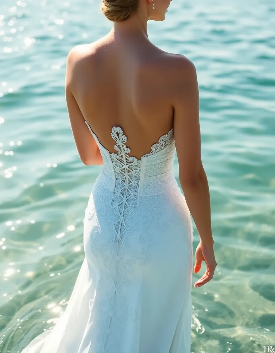 A bride with a corset-back wedding dress standing in shallow water, the intricate lacing visible as she looks over her shoulder. The sunlight reflects off the ocean, creating a shimmering effect around her.