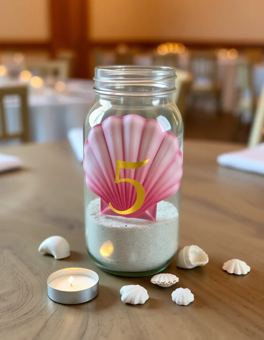 A wooden table with a sand-filled jar holding a large scallop shell painted with the number “5” in gold script. A few smaller shells and a tea light surround it, creating a warm, inviting tablescape. The background is softly blurred, with hints of other decorated tables.