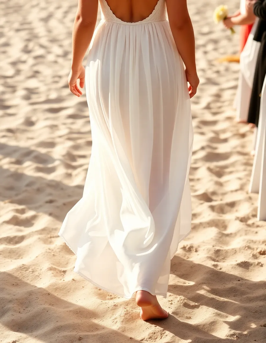 A bride in a chiffon A-line dress walking down a sandy aisle, her skirt gently swaying with each step. The fabric catches the sunlight, creating a soft glow, and her bare feet add to the relaxed feel.