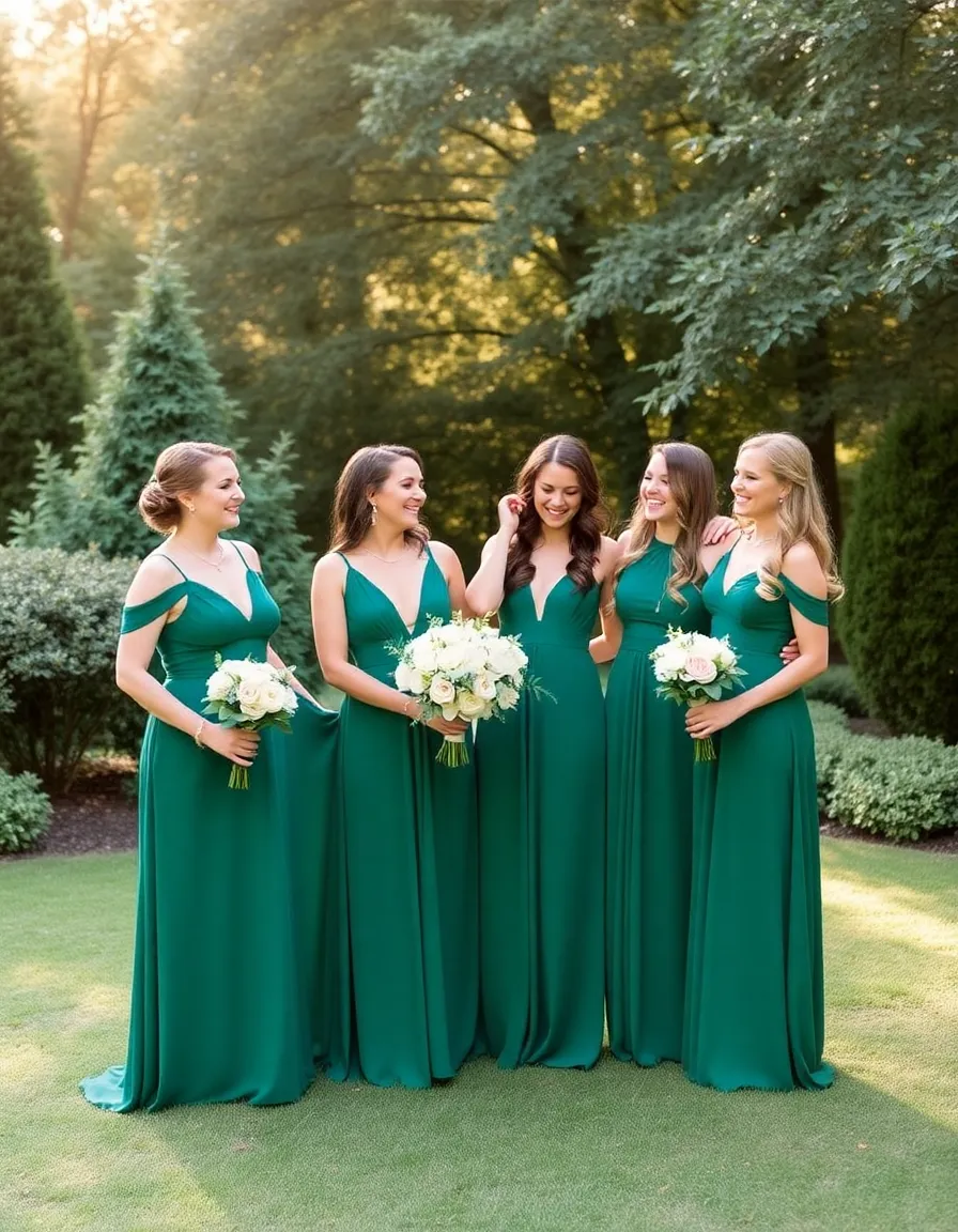 A group of bridesmaids in floor-length emerald green dresses, standing in a lush garden with golden sunlight filtering through the trees. The dresses vary in style—one with a plunging neckline, another with delicate cap sleeves—but all in the same rich shade. Their gold jewelry catches the light, and they’re laughing as they hold bouquets of white and blush flowers.