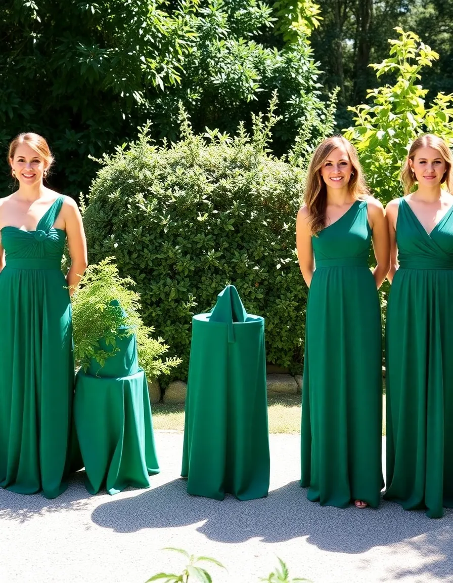 A lineup of bridesmaids in floor-length emerald green dresses, each with a slightly different neckline—strapless, one-shoulder, and V-neck—standing against a lush garden backdrop. The sunlight catches the fabric, creating a rich, dimensional look.