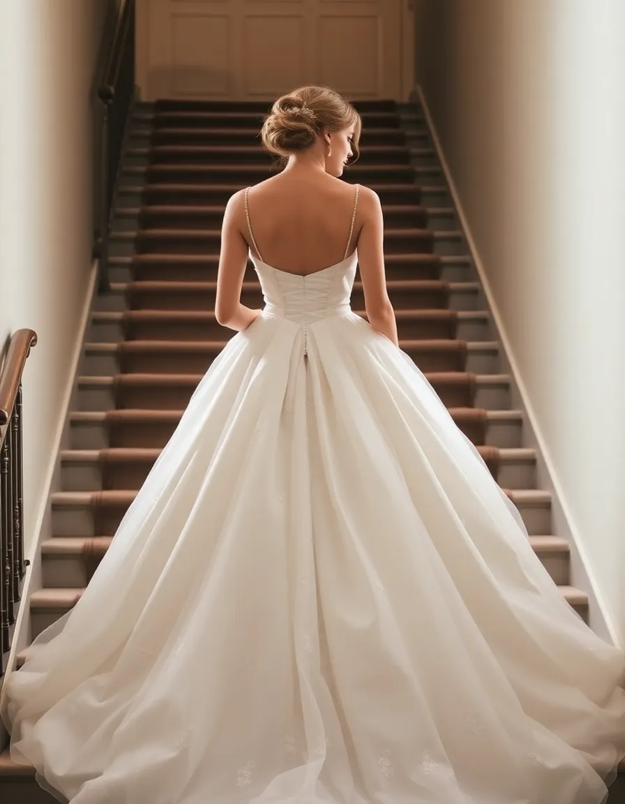 A bride in a voluminous ivory silk ballgown with a corseted bodice, standing at the top of a grand staircase. The skirt has layers of silk tulle and delicate beadwork, catching the light as she descends.