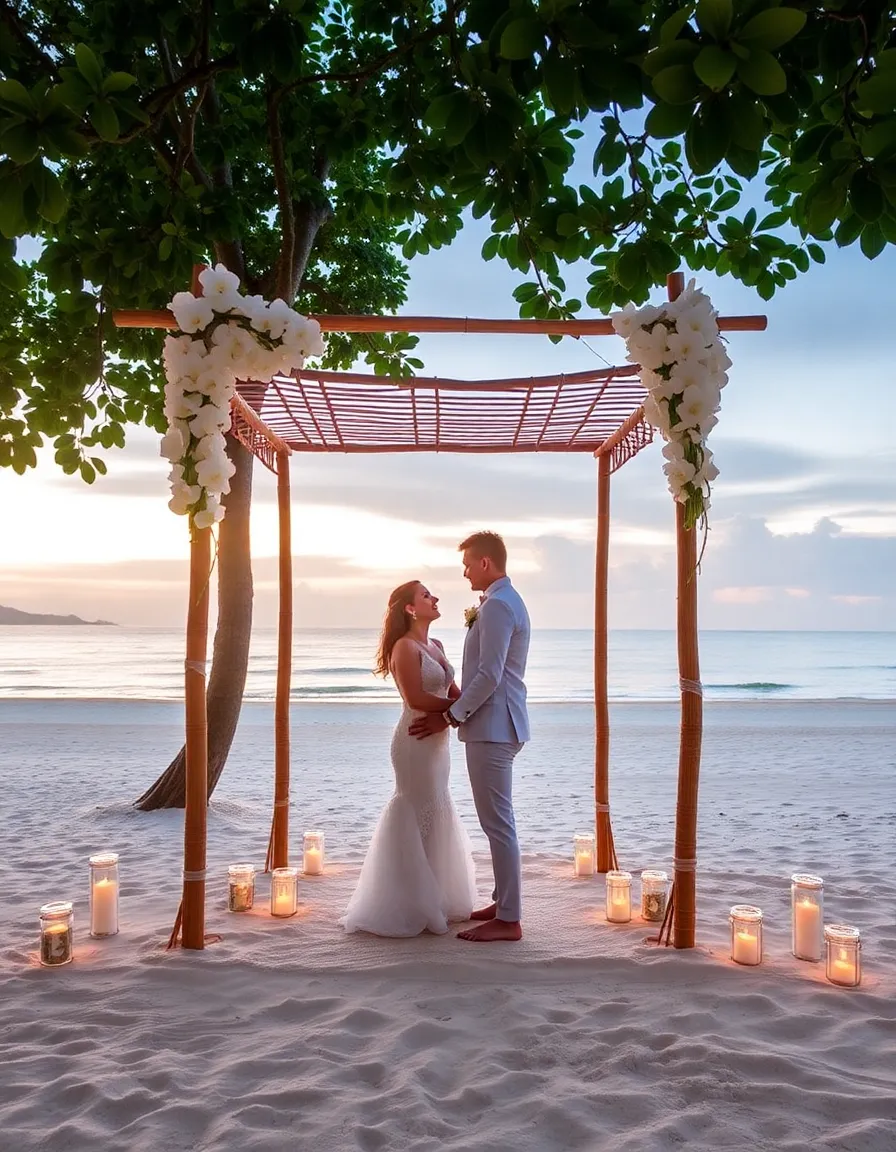 A rainforest-fringed beach wedding at The Datai Langkawi, with a bamboo arch decorated with white orchids. The couple stands barefoot in the sand, surrounded by flickering lanterns, as the sun sets over the Andaman Sea.