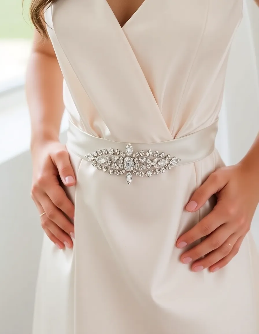 A close-up of a bride’s waist in a silk gown, with a sparkling crystal belt cinching the fabric. The rest of the dress flows out in soft folds, and her hands rest lightly on her hips.