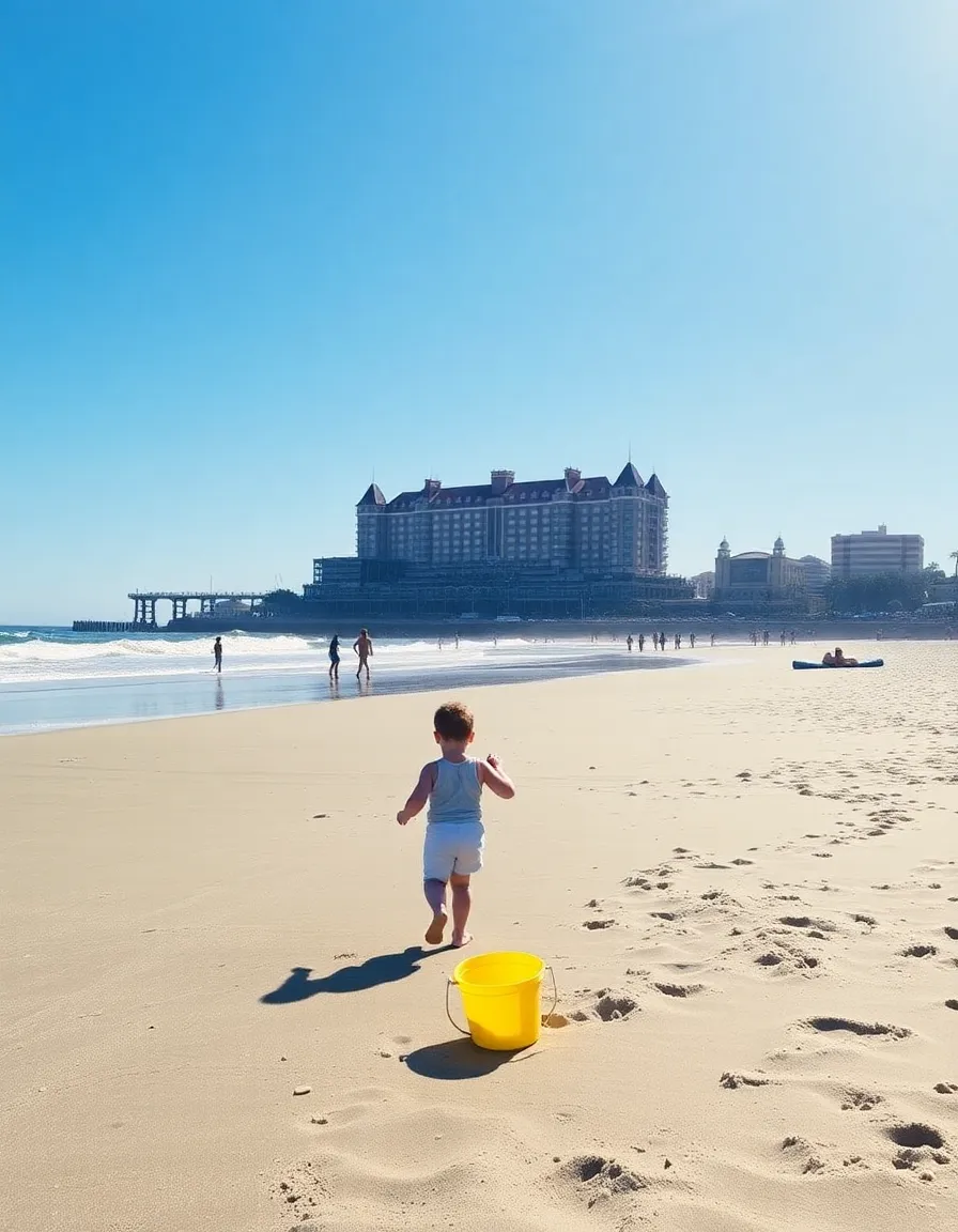 A sunny day at Coronado Beach, with the Hotel del Coronado’s red turrets rising against a blue sky. The sand glitters in the sunlight, and a child runs toward the waves with a bright yellow bucket.