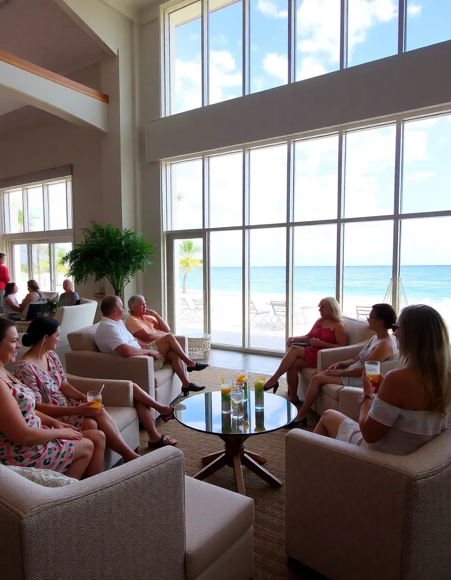 A bright, airy indoor lounge with floor-to-ceiling windows overlooking the beach. Guests relax on sofas with iced drinks in hand, chatting as they wait for the ceremony to begin.