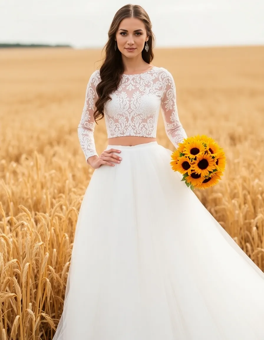 A bride in a two-piece wedding outfit—a fitted lace crop top with long sleeves and a voluminous tulle skirt. She’s standing in a golden wheat field, one hand on her hip, the other holding a bouquet of sunflowers.
