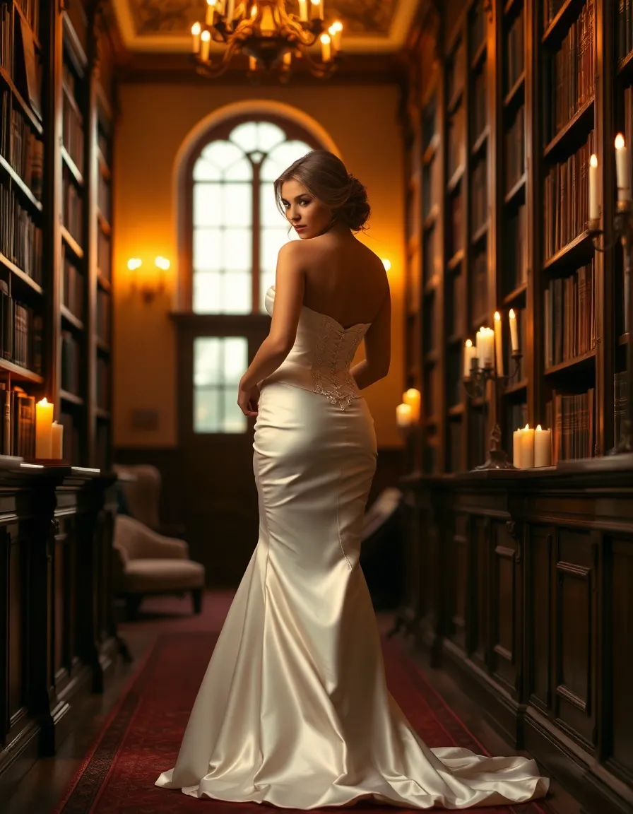 A bride in a satin corset gown with a sweetheart neckline standing in a grand library, her skirt pooling around her. The corset’s boning is subtly visible under the fabric, and she trails her fingers along a row of antique books. Warm candlelight fills the room.